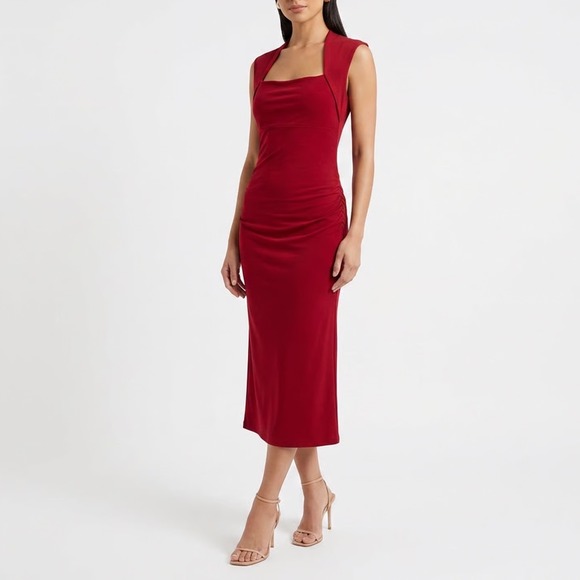 Unbranded Dresses & Skirts - Sleeveless Ruched Midi Sheath Dress Burgundy Red Cowl Square Neck Size M